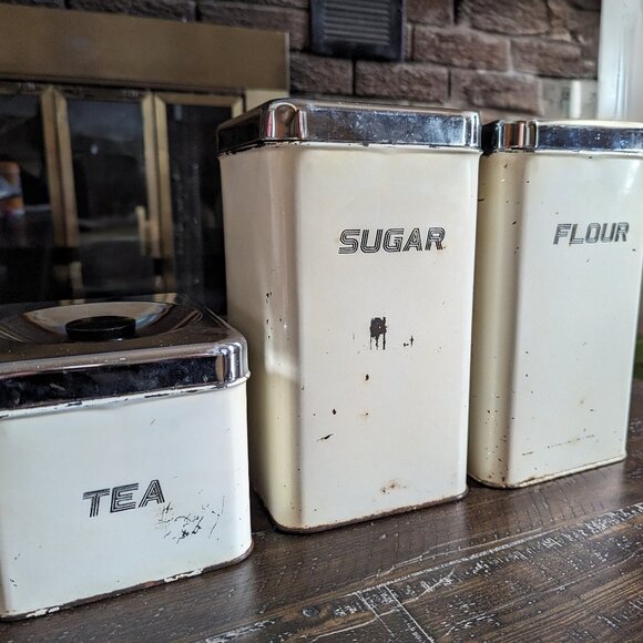 Vintage 1950s Rustic Farmhouse Canister Set of 3 Queen Line by AR Lite MCM - Picture 1 of 13